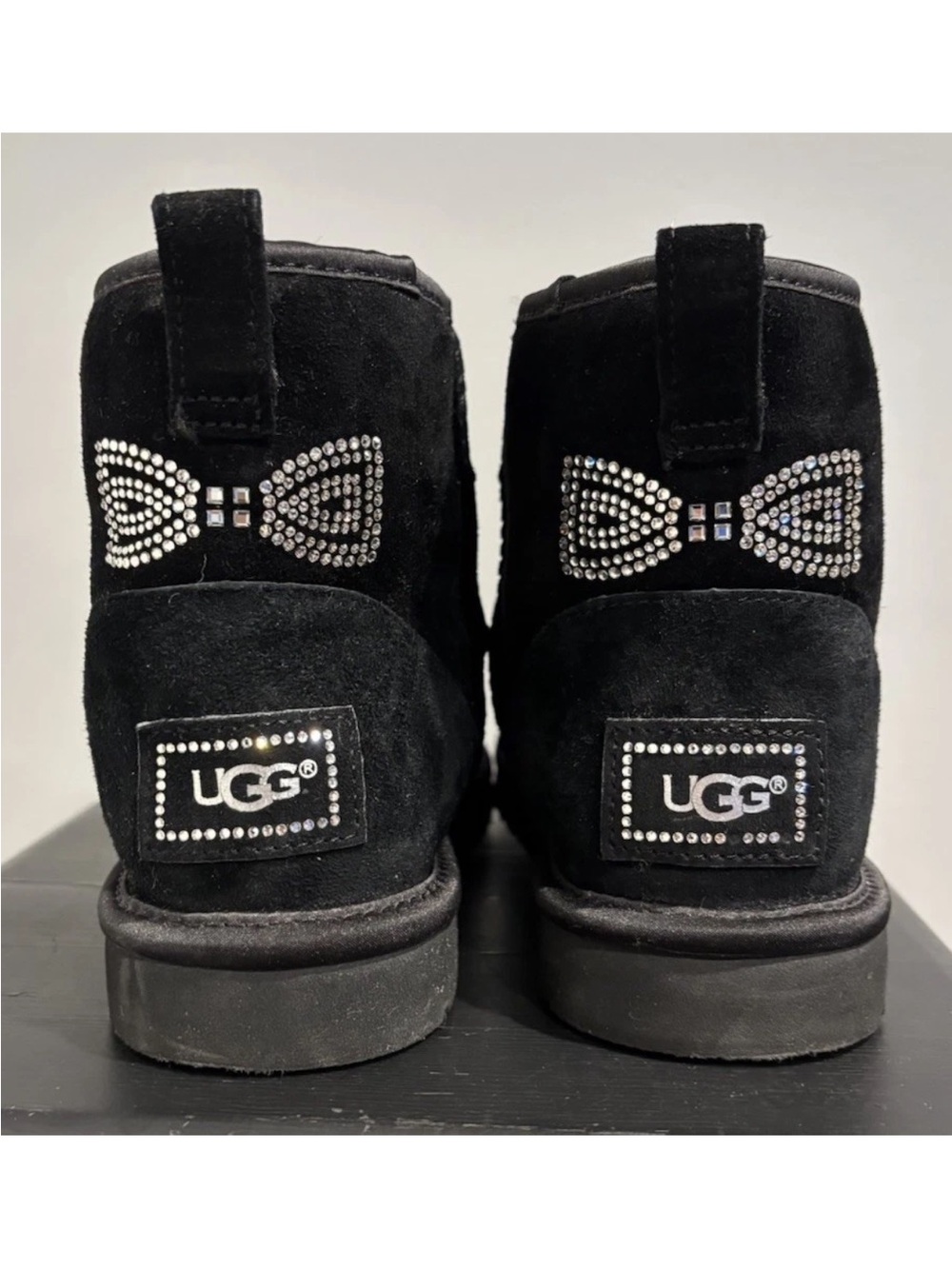 UGG women Black Suede Boots with Crystal Bow Accents